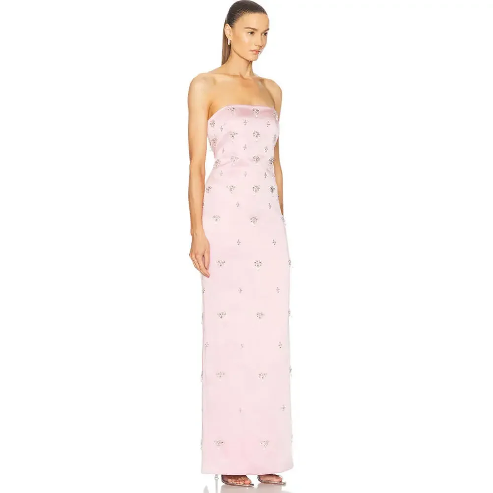 NWT $1098 Elise Blush Pink Satin Crystal Beaded Dress Gown Cocktail XS Rare - Picture 4 of 16